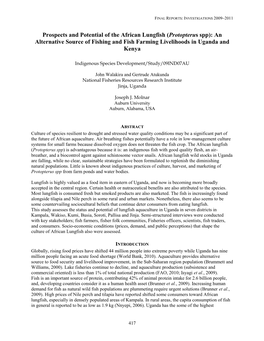 Prospects and Potential of the African Lungfish (Protopterus Spp): an Alternative Source of Fishing and Fish Farming Livelihoods in Uganda and Kenya