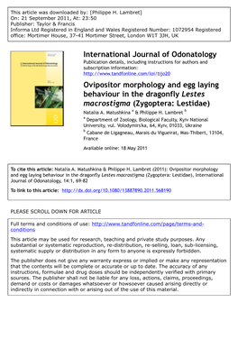 Ovipositor Morphology and Egg Laying Behaviour in the Dragonfly Lestes Macrostigma (Zygoptera: Lestidae) Natalia A