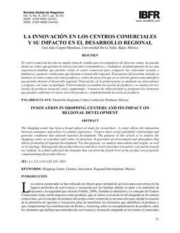 LA INNOVACIÓN EN LOS CENTROS COMERCIALES Y SU IMPACTO EN EL DESARROLLO REGIONAL José Julio Carpio Mendoza, Universidad De La Salle, Bajío, México