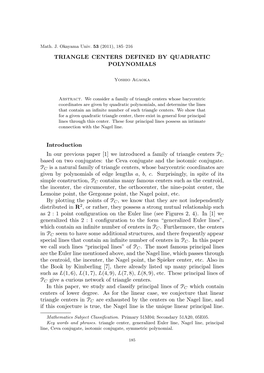 Triangle Centers Defined by Quadratic Polynomials