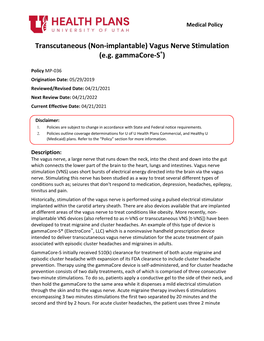 Non-Implantable) Vagus Nerve Stimulation (Eg Gammacore-S®