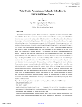 Water Quality Parameters and Indices for IKPA River in AKWA IBOM State