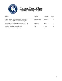 Padres Press Clips Tuesday, January 15, 2013