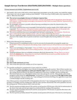 Sample Surveys Test Review SOLUTIONS/EXPLANATIONS – Multiple Choice Questions