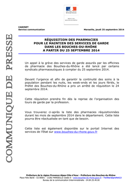 CP Réquisition Pharmacies Septembre 2014