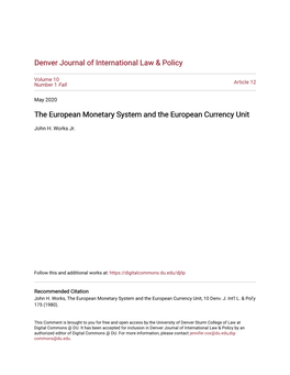 The European Monetary System and the European Currency Unit