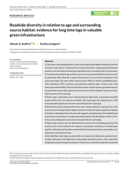 Roadside Diversity in Relation to Age and Surrounding Source Habitat: Evidence for Long Time Lags in Valuable Green Infrastructure