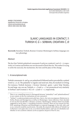 Slavic Languages in Contact, 7 :Turkish Ḱ, Ǵ > Serbian, Croatian Ć, Đ