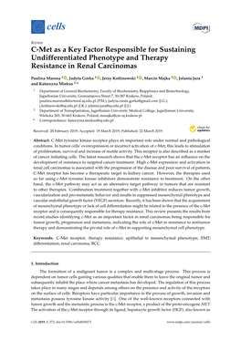 C-Met As a Key Factor Responsible for Sustaining Undifferentiated Phenotype and Therapy Resistance in Renal Carcinomas