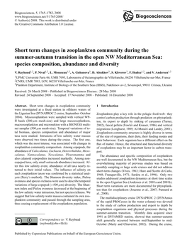 Short Term Changes in Zooplankton Community During the Summer-Autumn Transition in the Open NW Mediterranean Sea: Species Composition, Abundance and Diversity