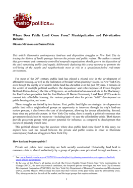 Where Does Public Land Come From? Municipalization and Privatization Debates Oksana Mironova and Samuel Stein