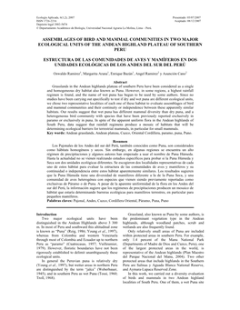 Assemblages of Bird and Mammal Communities in Two Major Ecological Units of the Andean Highland Plateau of Southern Peru