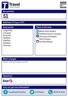 Valid From: 29 August 2021 Bus Service(S) What's Changed Areas Served Lodge Moor Crosspool Broomhill Sheffield Highfield Glead