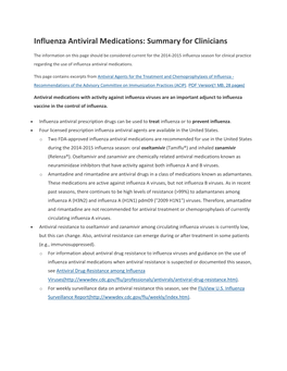 Influenza Antiviral Medications: Summary for Clinicians