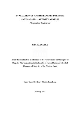 EVALUATION of ANTIHISTAMINES for in Vitro ANTIMALARIAL ACTIVITY AGAINST Plasmodium Falciparum