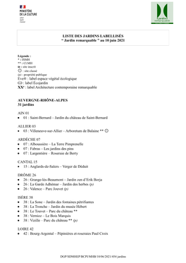 LISTE DES JARDINS LABELLISÉS “ Jardin Remarquable ” Au 10 Juin 2021