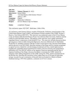 El Toro Marine Corps Air Station Oral History Project Abstracts 1 OH 3541 Narrator
