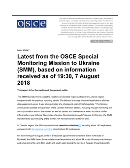 Latest from the OSCE Special Monitoring Mission to Ukraine (SMM), Based on Information Received As of 19:30, 7 August 2018