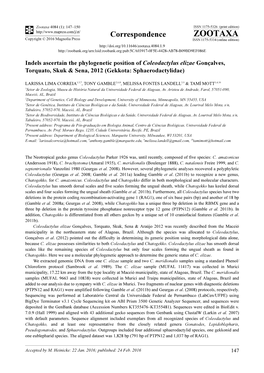 Indels Ascertain the Phylogenetic Position of Coleodactylus Elizae Gonçalves, Torquato, Skuk & Sena, 2012 (Gekkota: Sphaerodactylidae)