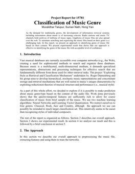 Classification of Music Genre Muralidhar Talupur, Suman Nath, Hong Yan