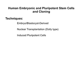 Human Embryonic and Pluripotent Stem Cells and Cloning Techniques