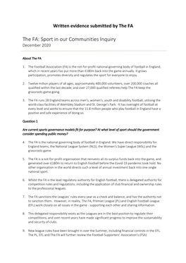 The FA: Sport in Our Communities Inquiry December 2020