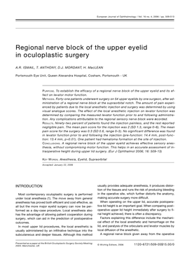 Regional Nerve Block of the Upper Eyelid in Oculoplastic Surg E R Y