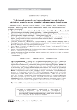 Toxicological, Enzymatic, and Immunochemical Characterization of Bothrops Asper (Serpentes: Viperidae) Reference Venom from Panama