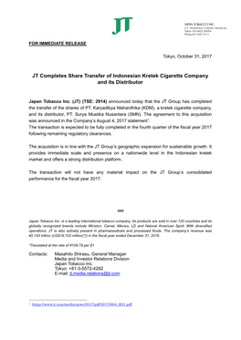 JT Completes Share Transfer of Indonesian Kretek Cigarette Company and Its Distributor