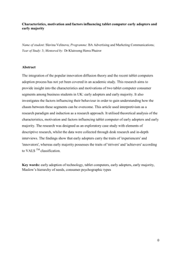 Characteristics, Motivation and Usage Behaviour of Tablet Computer Early Adopters, Early Majority and Late Majority