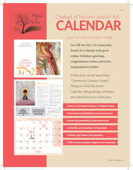 Chabad of Novato Jewish Art CALENDAR Jewish Year 5782 | September 2021/22