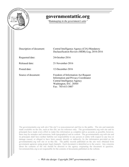 Central Intelligence Agency (CIA) Mandatory Declassification Review (MDR) Log, 2010-2016