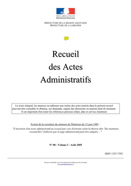 Recueil Des Actes Administratifs N° 08 - Volume I - Août 2005 – Page 2