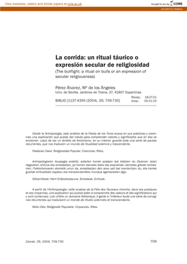 La Corrida: Un Ritual Táurico O Expresión Secular De Religiosidad (The Bullfight: a Ritual on Bulls Or an Expression of Secular Religiousness)