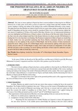 The Position of Salatul-Id Al-Adha in Nigeria on Arafat Day in Saudi Arabia