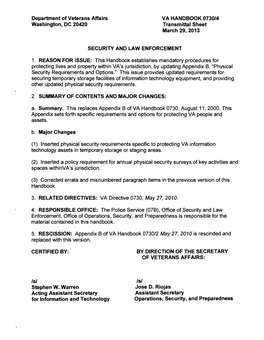 VA HANDBOOK 0730/4 Washington, DC 20420 Transmittal Sheet March 29, 2013