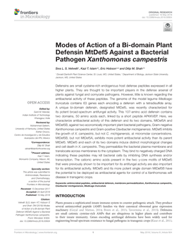 Modes of Action of a Bi-Domain Plant Defensin Mtdef5 Against a Bacterial Pathogen Xanthomonas Campestris