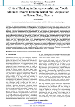 Critical Thinking in Entrepreneurship and Youth Attitudes Towards Entrepreneurial Skill Acquisition in Plateau State, Nigeria