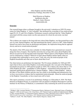 1 Johns Hopkins and Slaveholding Preliminary Findings, December 8