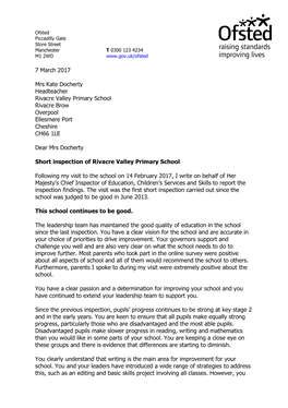 7 March 2017 Mrs Kate Docherty Headteacher Rivacre Valley