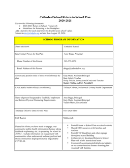 Cathedral School Return to School Plan 2020-2021