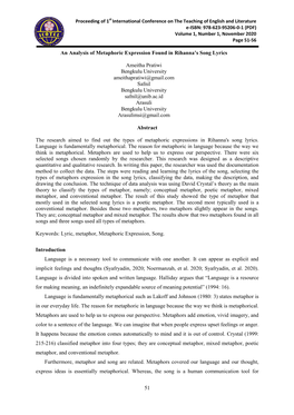 51 an Analysis of Metaphoric Expression Found in Rihanna's Song Lyrics Ameitha Pratiwi Bengkulu University Ameithapratiwi@Gmai