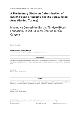 A Preliminary Study on Determination of Insect Fauna of Inkumu and Its Surrounding Area (Bartın, Turkey)
