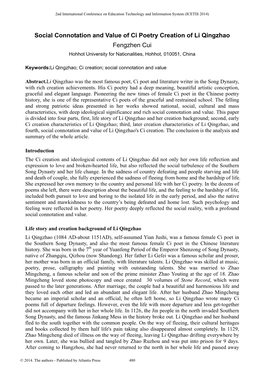 Social Connotation and Value of Ci Poetry Creation of Li Qingzhao Fengzhen Cui Hohhot University for Nationalities, Hohhot, 010051, China