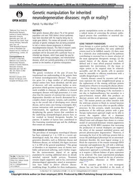 Genetic Manipulation for Inherited Neurodegenerative Diseases: Myth Or Reality? Patrick Yu-Wai-Man1,2,3