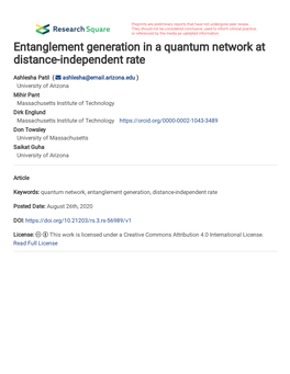 Entanglement Generation in a Quantum Network at Distance-Independent Rate