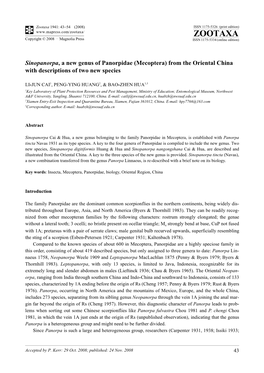 Zootaxa, Sinopanorpa, a New Genus of Panorpidae (Mecoptera) from The