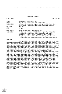 The Question of Federal Day Care Programs on a Mass Cognitive And