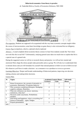 Behavioral Economics: from Theory to Practice Dr