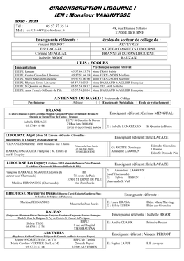 CIRCONSCRIPTION LIBOURNE I IEN : Monsieur VANHUYSSE 2020 - 2021 Tél : 05 57 57 35 14 48, Rue Etienne Sabatié Mel : Ce.0331448V@Ac-Bordeaux.Fr 33500 LIBOURNE